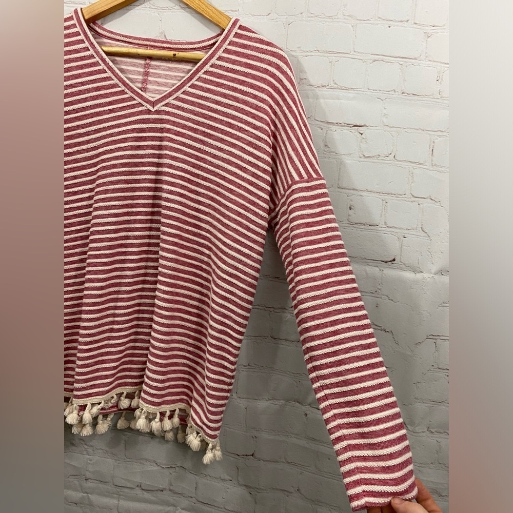 Ruff Hewn Tunic Womens Size Large V-Neck Red Off White Stripes Long Sleeves - Picture 2 of 7